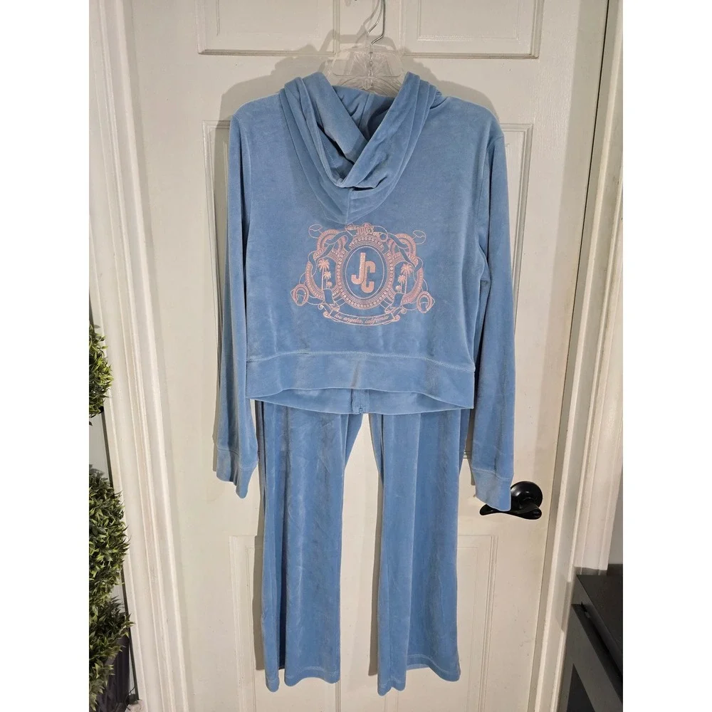 Juicy Couture Blue Velour Tracksuit Zip Hoodie Pants Set Large JC Crest Logo